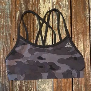 Reebok black and gray camo sports bra crisscross back